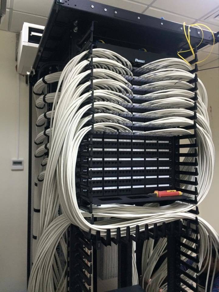 Patch panel neatly dressed inside a network cabinet
