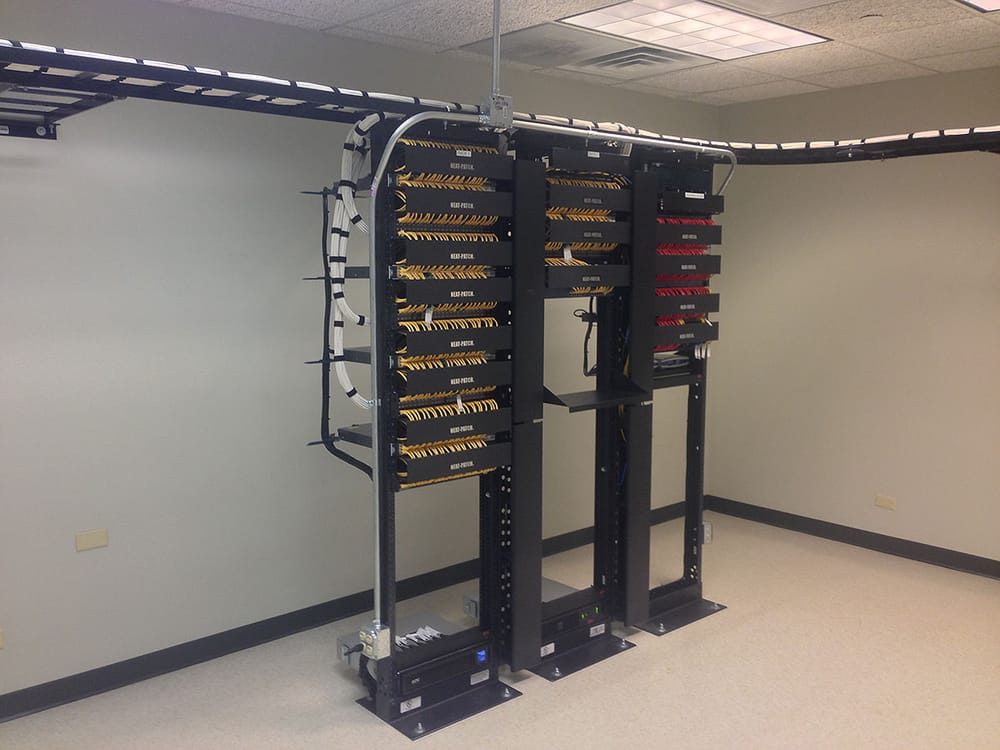 Two-post racks and ladder rack in a new office buildout